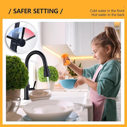 Hiqufet Black Kitchen Faucet with Pull Down Sprayer, Rv Kitchen Sink Faucets for Pot Filler, Farmhouse Camper Bar Sink Laundry Room, Fingerprint Resistant Single Hole Single Handle Stainless Steel