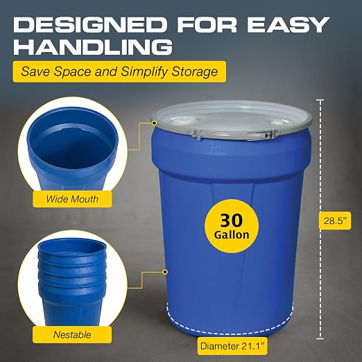 Eagle Plastic Drum, 30 Gallon Drum, DOT Compliant, Made in USA, Blue | High-Density-Polyethylene, Open Head Lab Pack Drum, Metal Lever-Lock with Bung Lid, Hazardous Material Storage, Transport