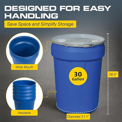 Eagle Plastic Drum, 30 Gallon Drum, DOT Compliant, Made in USA, Blue | High-Density-Polyethylene, Open Head Lab Pack Drum, Metal Lever-Lock with Bung Lid, Hazardous Material Storage, Transport