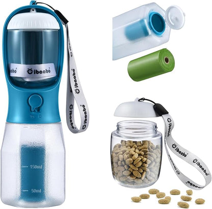 Cibaabo Dog Water Bottle with Food Container & Poop Bag Holder & Filter | Travel Water Bowl, Portable Pet Dispenser, Dog Gifts, Puppy Essentials for Walking Hiking
