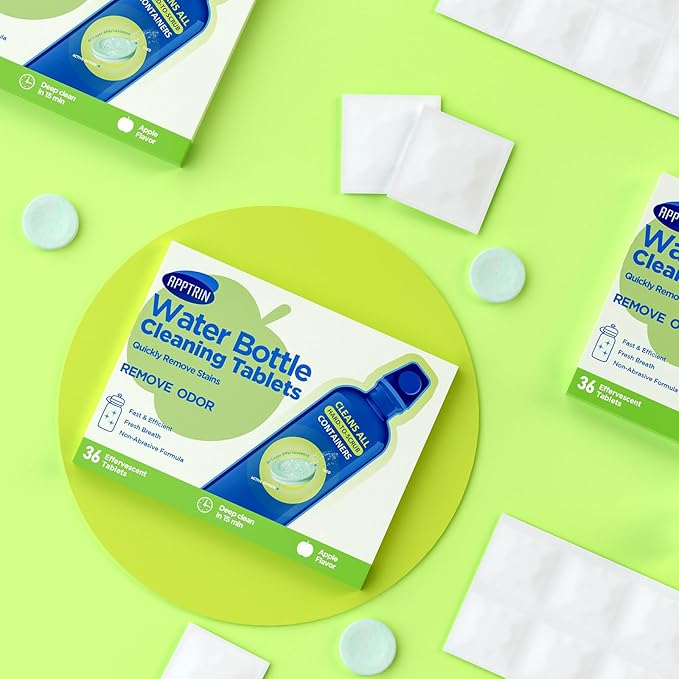 Water Bottle Cleaning Tablets, 36 Pack Bottle Clean Tablet Hydration Bladder Cleansing Tablets for Hydration Bladder, Water Bottle, Individually Packed, Apple Flavor