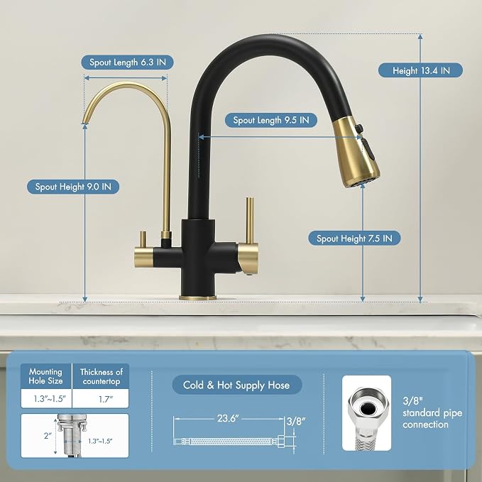 GIMILI Black and Gold 3 in 1 Kitchen Faucet with Under Sink Water Filter System, Reduces Lead, Chlorine, Bad Taste & Odor, Kitchen Sink Faucet with Drinking Water Faucet
