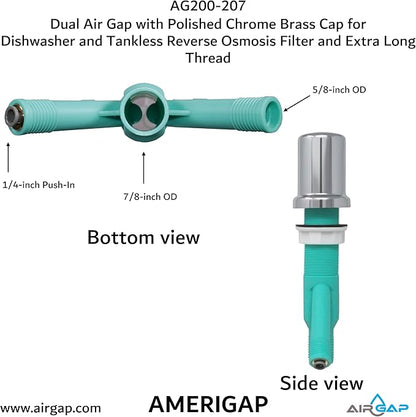 Dual Air Gap with Polished Chrome Brass Cap for Dishwasher and Tankless Reverse Osmosis Filter and Extra Long Thread (AG200-207, AG200-X07, AMERIGAP)