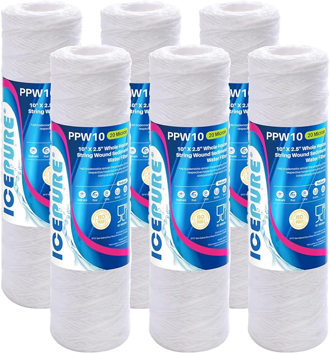 ICEPURE 20 Micron 10" x 2.5" String Wound Sediment Water Filter Cartridge for Well filter Universal Replacement for Any 10 inch RO Unit, WP-5, Aqua-Pure AP110 CFS110 Culligan P5 WFPFC4002 CW-MF, 6PACK