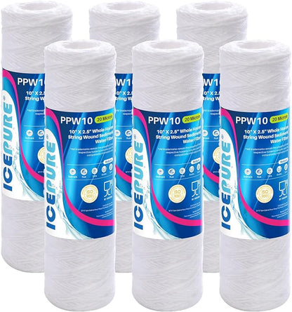 ICEPURE 20 Micron 10" x 2.5" String Wound Sediment Water Filter Cartridge for Well filter Universal Replacement for Any 10 inch RO Unit, WP-5, Aqua-Pure AP110 CFS110 Culligan P5 WFPFC4002 CW-MF, 6PACK