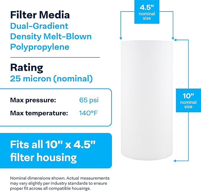 SpiroPure SP-DD-7525-BB 10x4.5 BB 25 Micron Spun Melt-Blown Polypropylene Water Filter Cartridge DGD-7525 155355-43 (Case of 8)