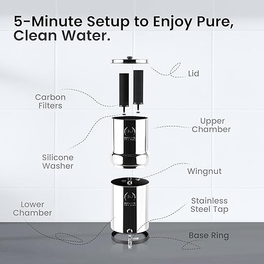 3.25 G Gravity Water Filter | NSF/ANSI 42 & 372 Certified | Gravity-Fed Countertop Stainless Steel Water Filter System | AISI 304 | 2 Carbon Filters & Steel Spigot | No Electricity Required | Portable