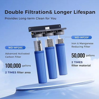 Waterdrop WHF3T-FG 3-Stage Whole House Water Filter System, 5 Micron | Reduces Iron & Manganese, Lead, Chlorine, Odor, 7-Stage Filtration, with Carbon Filter & Sediment Filter, 1" Inlet/Outlet