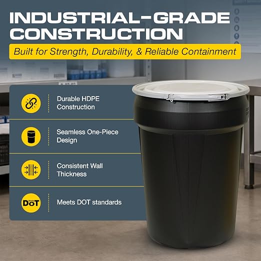 Eagle Plastic Drum, 30 Gallon Drum, DOT Compliant, Made in USA, Black | High-Density-Polyethylene Construction, Open Head Lab Pack Drum, Metal Lever-Lock Lid, Hazardous Material Storage, Transport