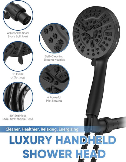 5-Inch High Pressure Handheld Shower Head with 10-Mode Powerhead, Extra Long 72-Inch SS Hose, Matte Black