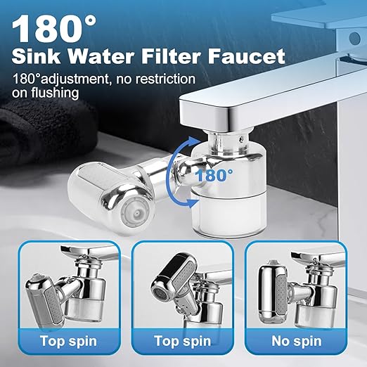 Sink Water Filter Faucet, 360 ° Rotating Kitchen Faucet Water Purifier, Bathroom Faucet Filter Removes Chlorine Fluoride Heavy Metals Hard Water for Home, Kitchen & Bathroom
