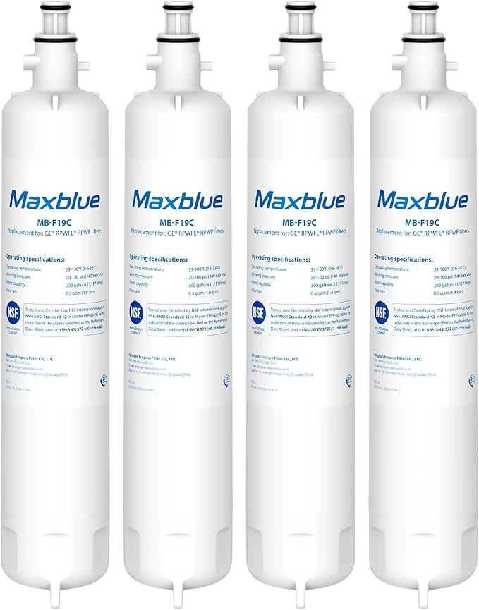 Maxblue Replacement for GE® RPWFE®, RPWF (with CHIP) Refrigerator Water Filter, Compatible with WSG-4, WF277, GFE28GMKES, PFE28KBLTS, GFD28GSLSS, PWE23KSKSS, GYE22HMKES, DFE28JSKSS, 4 Filters
