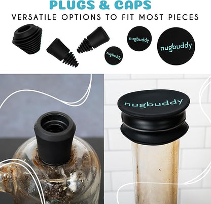 nugbuddy Glass Cleaning Kit - Reusable Silicone Accessories - Complete Kit to Clean your Piece, Just Add Cleaner - Reusable Soaker Bag, Brushes, Mat, Caps & Plugs, Funnel, & Microfiber Towel