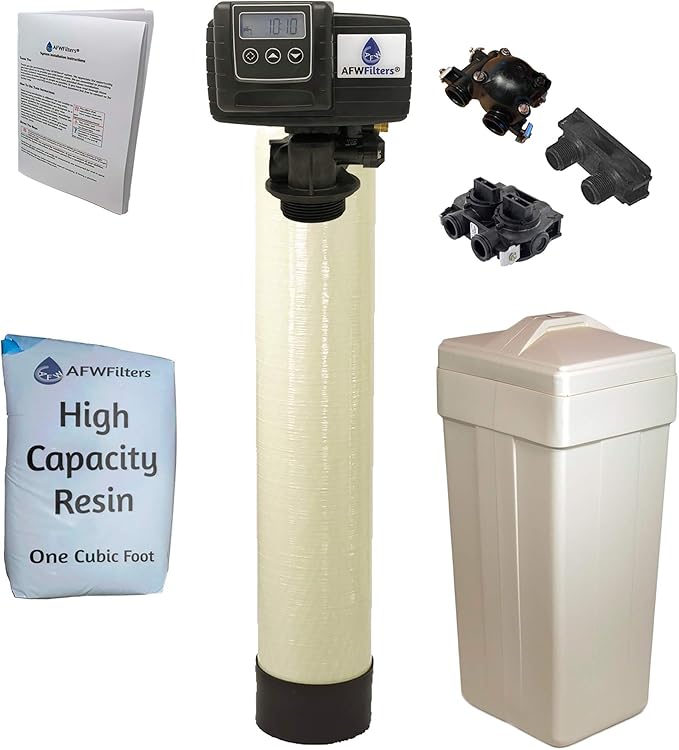 AFWFilters 1 Cubic Foot (32k) Whole Home Water Softener with High Capacity Resin, 3/4" Plastic MNPT Connection, and Almond Tanks