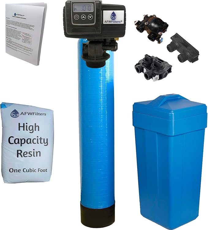 AFWFilters 1 Cubic Foot (32k) Whole Home Water Softener with High Capacity Resin, 3/4" Plastic MNPT Connection, and Blue Tanks