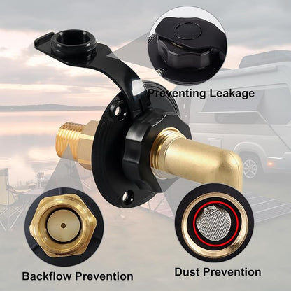 RV City Water Inlet with Check Valve – RV Water Inlet Connection, RV Water Fill Inlet with 3/4" NH Female to 1/2" NPT Male, Ideal for RV, Travel Trailers, Camping, and Boats in Black (with Hose Elbow)