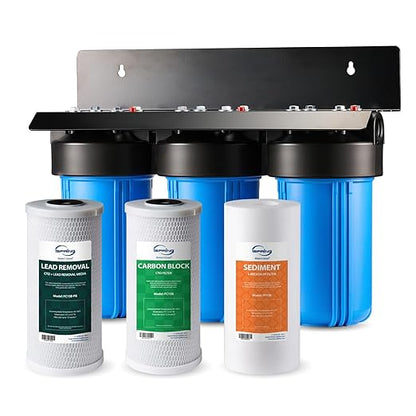 iSpring 3-Stage Whole House Water Filter System, SGS-Tested to Remove Up to 99% Lead, Reduces Chlorine & Sediment, Whole Home Water Filtration System w/ 10” x 4.5” Filters, Model WGB31B-CPB