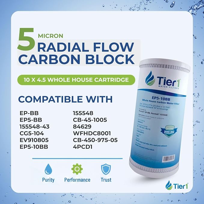 Tier1 5 Micron 10 x 4.5 Water Filter | Whole House Carbon Block Filter Replacement Cartridge | Replacement for Pentek EP-BB, EP5-BB, 155548-43, CG5-104, EV910805 | 4.5 x 10 Water Filter (12-Pack)