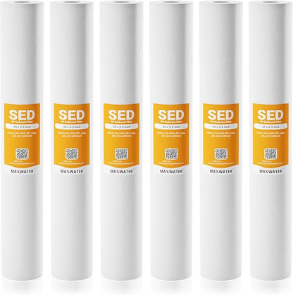 Max Water 5 Micron 20 x 2.5 Sediment Water Filter Cartridge Replacement Polypropylene Cartridge for Whole House Water Filtration/Water Softener Systems - 6 Pack