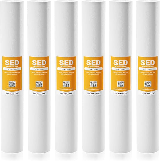 Max Water 5 Micron 20 x 2.5 Sediment Water Filter Cartridge Replacement Polypropylene Cartridge for Whole House Water Filtration/Water Softener Systems - 6 Pack