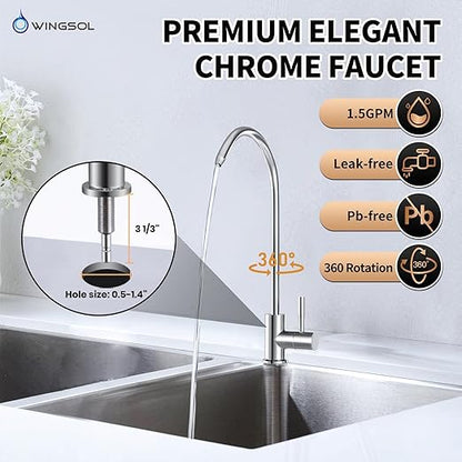 WINGSOL Under Sink Water Filter System with Chrome Faucet, NSF/ANSI 42&53 Anti-Clog Pleated Filter Quick Change EZ Install, Reduce PFAS/Lead/Chlorine/Sediment, Long-Lasting Water Filter