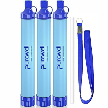 Purewell Outdoor Water Personal Water Filtration Straw Emergency Survival Gear Water Purifier for Camping Hiking Climbing Backpacking(3pcs)
