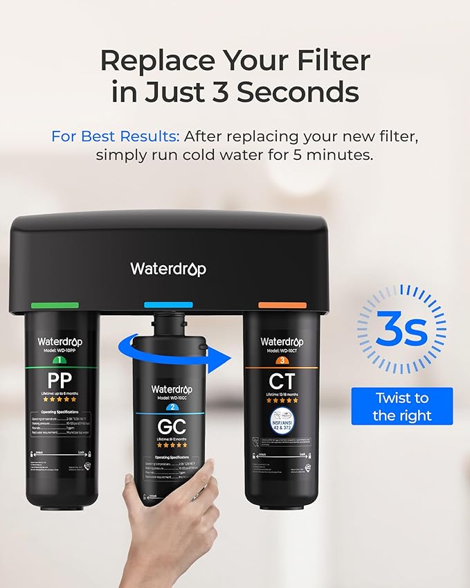 Waterdrop WD-10GC Water Filter Replacement for Waterdrop TSA & TSB & TSA-UF & TSB-CM & TSB-ALK 3-stage Under Sink Water Filter System, 8-12 months Under Sink Water Filtration System, 1 Pack