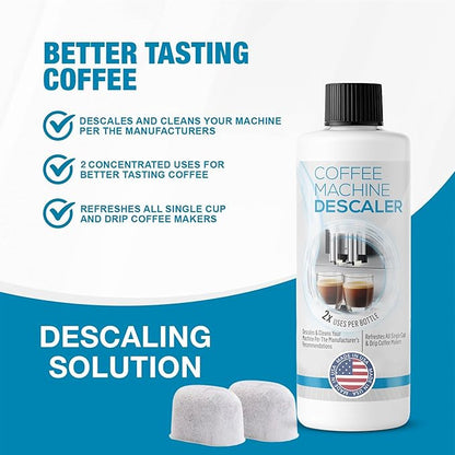 FreshFlow Keurig Compatible Descaling Solution (1 Bottle, 2 Uses Plus 2 Filters) - Universal Descaler Cleaner Concentrate Kit For All 1.0 & 2.0 K-Cup Pod Machines and Espresso Machines