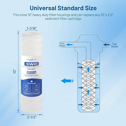 Whole House 20 Micron 10" x 2.5" String Wound Sediment Well Water Filter Cartridge Replacement for FXWSC, CW-MF, 155187-43, AO-WH-PRE-R2, W30W, RS12, SWC-25-1020, SP-CW20, SF20-978 (Pack of 6)