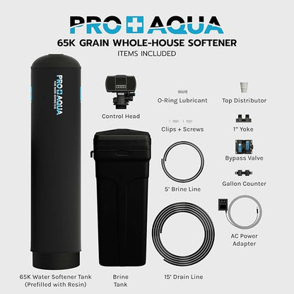PRO+AQUA Heavy Duty Whole House Water Softener System – 65,000 Grain Capacity, Premium Long-Lasting Resin, 1" Ports
