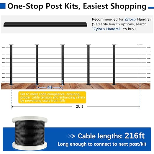 36" Modular 16-20FT Black T304 Cable Railing Post Kit, Complete Cable Railing System with 5 Level Posts & 216ft 1/8" Wire Rope(No Handrail), Adjustable Length Easy DIY for Decks/Porch