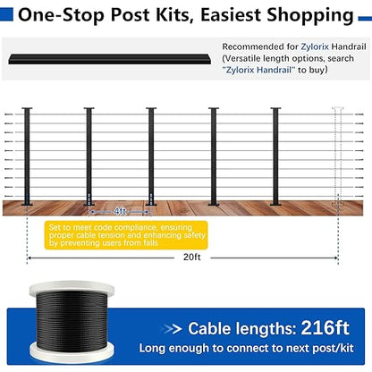 36" Modular 16-20FT Black T304 Cable Railing Post Kit, Complete Cable Railing System with 5 Level Posts & 216ft 1/8" Wire Rope(No Handrail), Adjustable Length Easy DIY for Decks/Porch