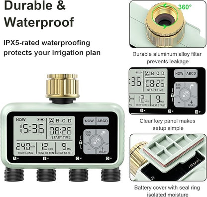 Watering Timer 4 Zone with with Brass Inlet, Sprinkler Timer, Programmable Garden Outdoor Hose Faucet Timers with Rain Delay/Manual/Automatic Watering System,Water Hose Irrigation Timers 4 Outlet
