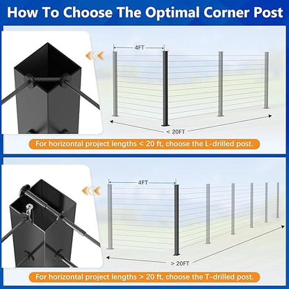2Pack 36" T304 L-drilled Cable Railing Corner Posts(35"x2"x2") with Cable Grommets, Modular 90° Drilled Fixed Top Mount Heavy Duty Stainless Steel Black Finish for Wooden Concrete Deck Patio