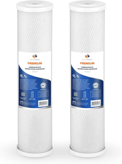 Aquaboon 5 Micron 20 x 4.5 Whole House Water Filter Replacement Cartridge Carbon Block Chlorine Reduction for 1-Stage Water Filtration System 2 Pack
