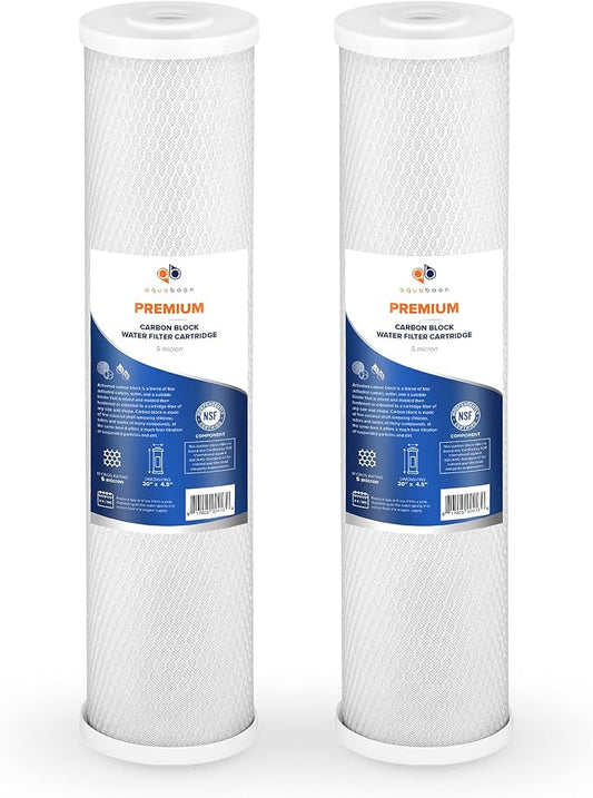 Aquaboon 5 Micron 20 x 4.5 Whole House Water Filter Replacement Cartridge Carbon Block Chlorine Reduction for 1-Stage Water Filtration System 2 Pack