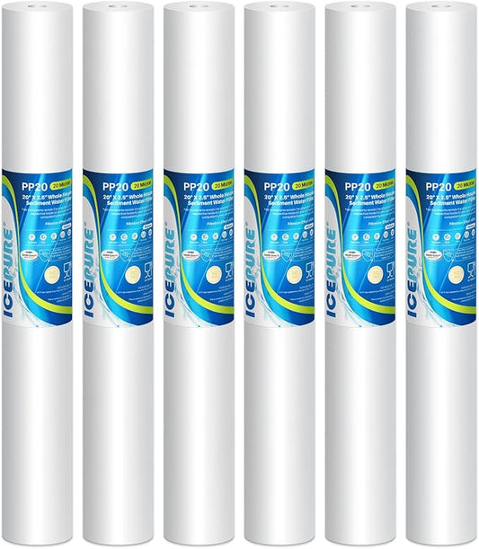 ICEPURE 2.5" x 20" 20 Micron Whole House Sediment Water Filter, 20 Inch Water Filter Replacement Cartridge Compatible with AP110-2C, SP-P1-20, W25P-20, P1-20, P5-20, PX01-20, FPMB5-20, GX05-20, 6PACK