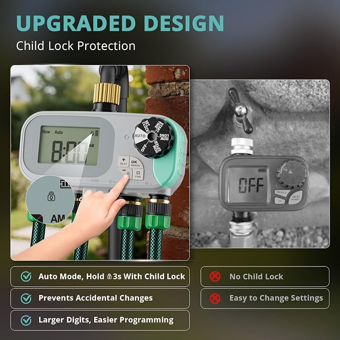 QUOBAS Sprinkler Timer for Garden Hose, Programmable Brass Water Timer | 4 Zone Hose Timer with Child Lock for Drip Irrigation, Pool, with Rain Delay/Auto/Manual, Waterproof Screen & Battery Powered