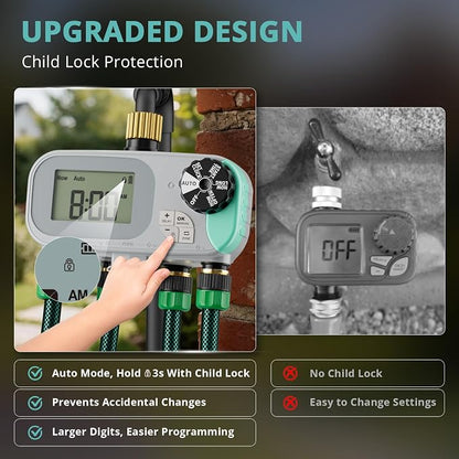 QUOBAS Sprinkler Timer for Garden Hose, Programmable Brass Water Timer | 4 Zone Hose Timer with Child Lock for Drip Irrigation, Pool, with Rain Delay/Auto/Manual, Waterproof Screen & Battery Powered