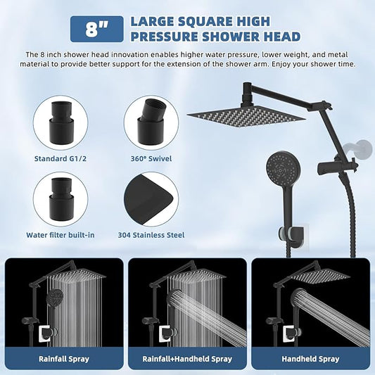 All Metal Rain Shower Head with Handheld Spray Combo, 8” High Pressure Rainfall Shower Head with 16" Shower Extension Arm, 10-Spray Handheld Showerhead Powerful Wash, Brass 3-Way Diverter, MatteBlack