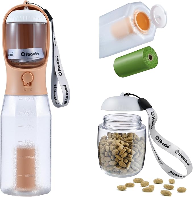 Cibaabo Dog Water Bottle with Food Container & Poop Bag Holder & Filter | Travel Water Bowl, Portable Pet Dispenser, Dog Gifts, Puppy Essentials for Walking Hiking