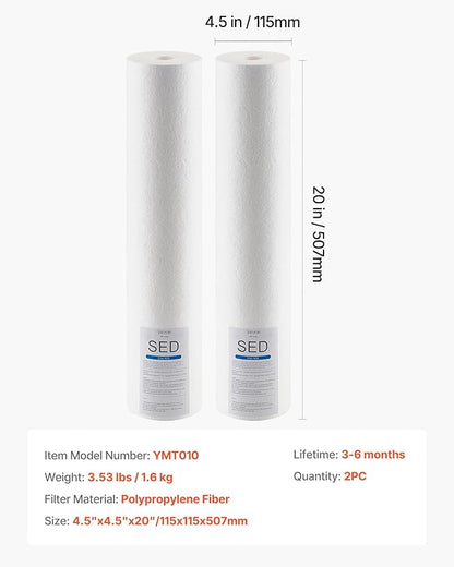 VEVOR Sediment Water Filter Cartridge, Universal Fit 20 x 4.5 Inch, 5 Micron SED Whole House Replacement Filter, 100,000 Gal Capacity, Reduces Sand, Rust, Dirt, and Particles, 2Pack