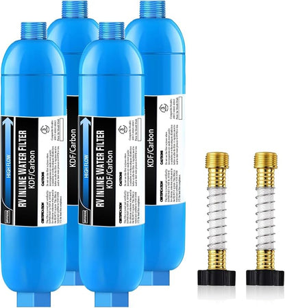 Lifefilter 4 Pack RV/Marine Water Filter with 2 Flexible Hose Protectors | Reduces Chlorine, Bad Taste, Odor in Drinking Water, Dedicated for RVs Campers Marines