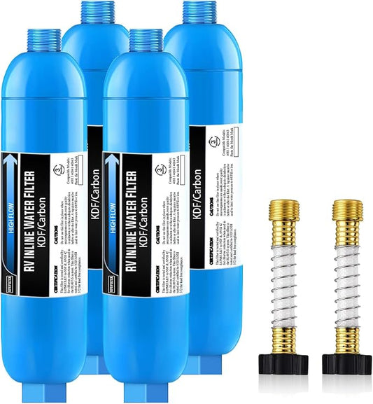 Lifefilter 4 Pack RV/Marine Water Filter with 2 Flexible Hose Protectors | Reduces Chlorine, Bad Taste, Odor in Drinking Water, Dedicated for RVs Campers Marines