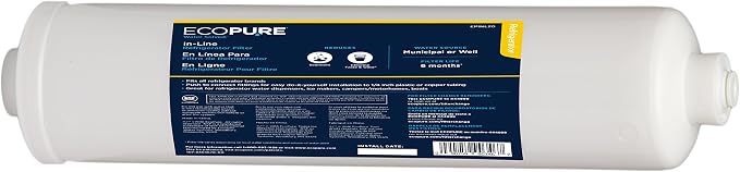 EcoPure EPINL20 In-Line Refrigerator & Icemaker Water Filter – Universal Fit – NSF Certified – Reduces Lead, Chlorine, Cysts & Odor – 6-Month Life – Easy Install with 1/4" Push-Connect