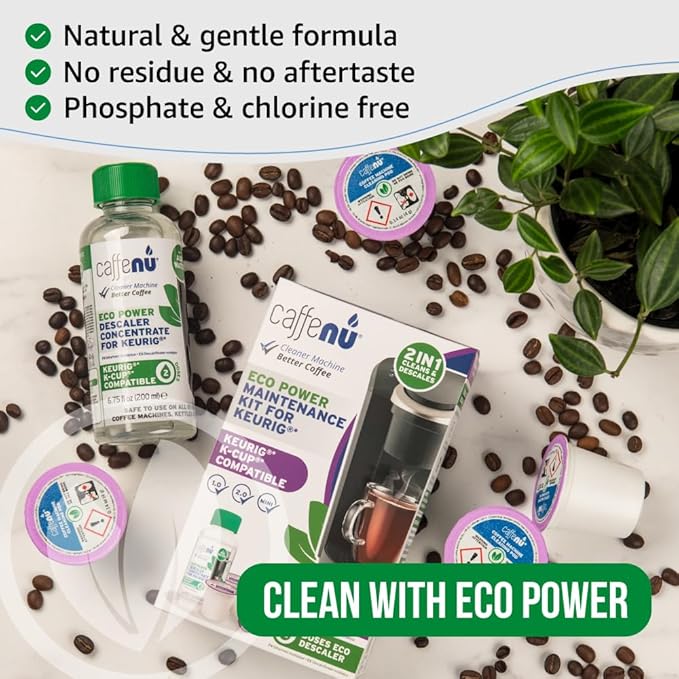 Keurig Compatible Descaling Solution and Keurig Cleaner Pods. Removes Limescale & Cleans Pod Area. Better Tasting & Hotter Coffee. 4 Uses of Descaler & Cleaner.