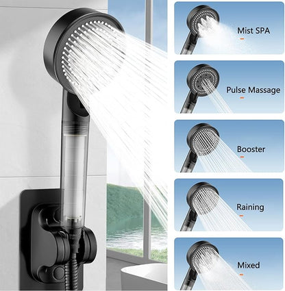 Shower Head High Pressure Black, 5-Spray Filtered Showerhead with Water Softener Beads & ON/OFF Switch for Daily & Pet Care – Removes Chlorine, Softens Hard Water, Reduces Dry Itchy Skin