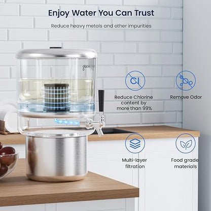 GLACIER FRESH PC04 Gravity-Fed Stainless Steel Countertop Water Filtration System 2.25G, Elarisey™ Filtration Technology, Reduces Heavy Metals, PFOA & PFOS, and Meets SGS Standards
