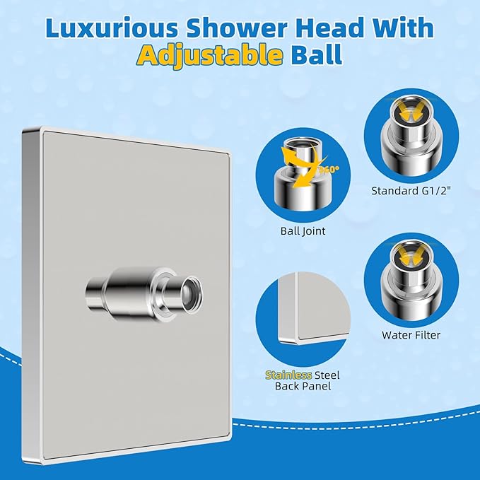 Hibbent cUCPC Certified Thickness Rain Shower Head, 8'' High Pressure Rainfall Shower Head, Square Bathroom Waterfall Shower Heads, High Flow Fixed Showerheads with Adjustable Brass Ball Joint, Chrome