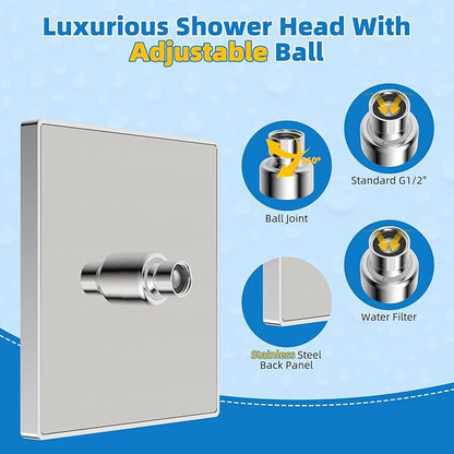 Hibbent cUCPC Certified Thickness Rain Shower Head, 8'' High Pressure Rainfall Shower Head, Square Bathroom Waterfall Shower Heads, High Flow Fixed Showerheads with Adjustable Brass Ball Joint, Chrome